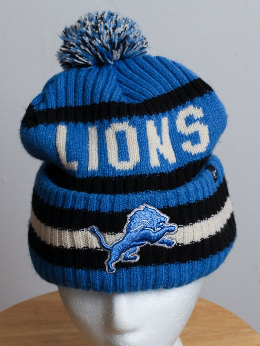 '47 Brand Detroit Lions Bering Cuffed Knit Pom Beanie Hat Mens OS Blue